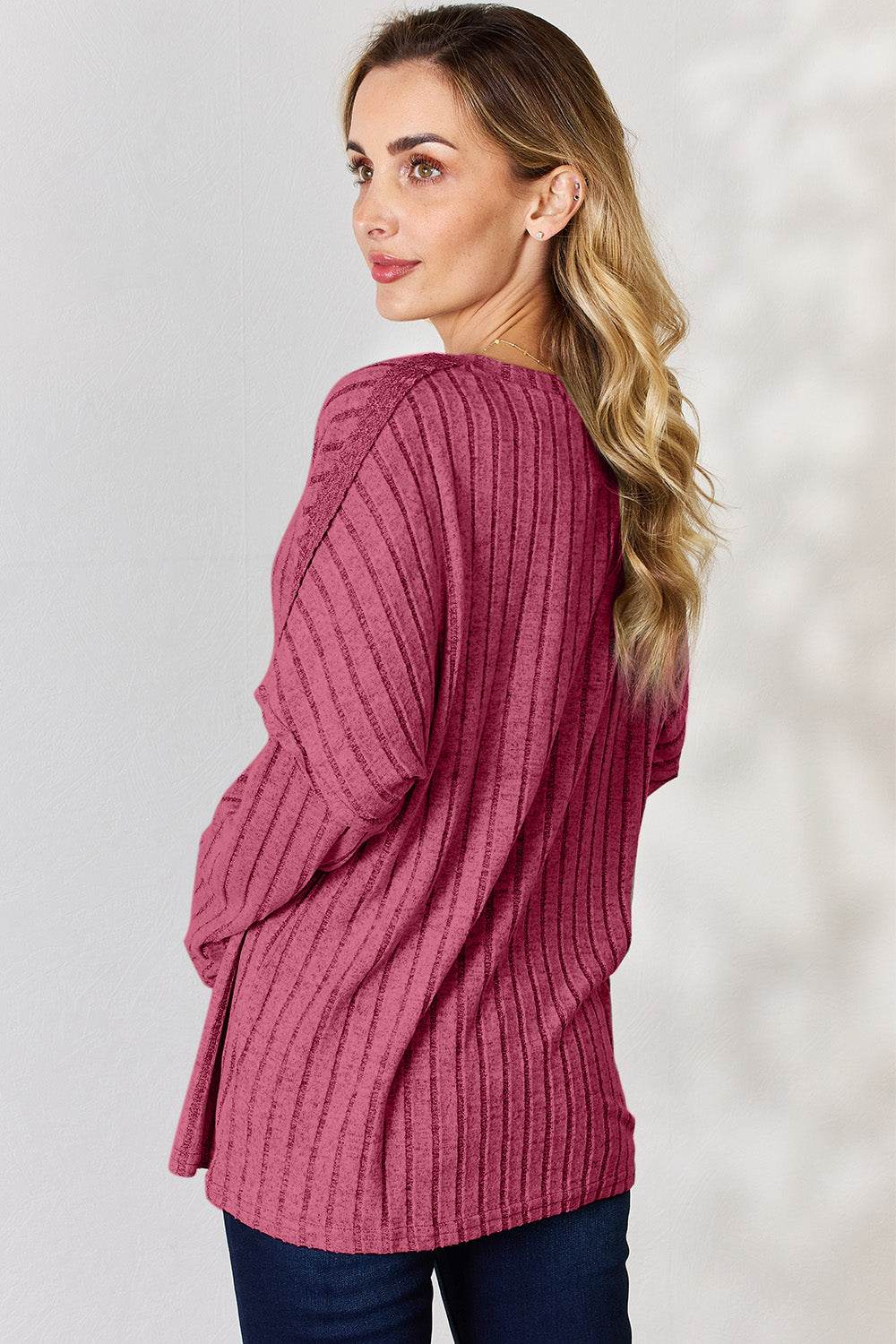 Basic Bae Full Size Ribbed Half Button Long Sleeve T-Shirt - Delanoir