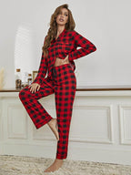 Plaid Collared Neck Long Sleeve Top and Pants Lounge Set - Delanoir