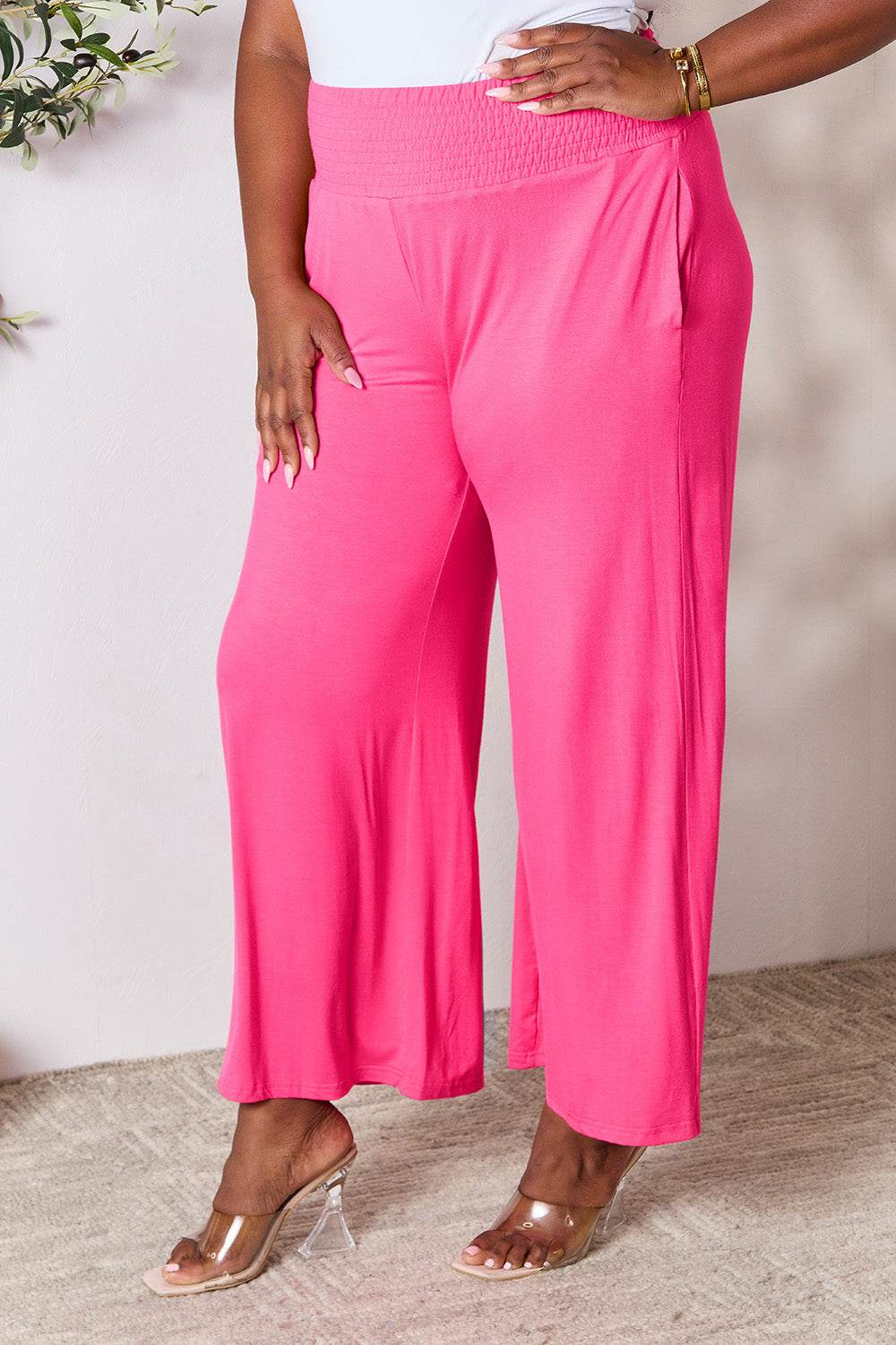 Double Take Full Size Smocked Wide Waistband Wide Leg Pants - Delanoir