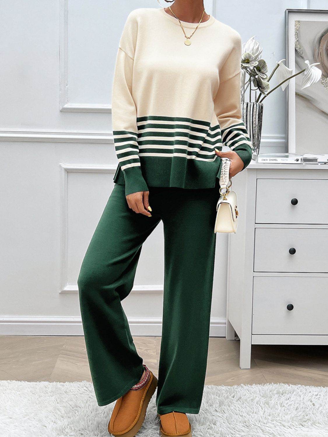 Devine Slit Striped Round Neck Top and Pants Sweater Set - Delanoir