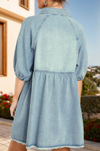 Raw Hem Snap Down Half Sleeve Denim Dress - Delanoir