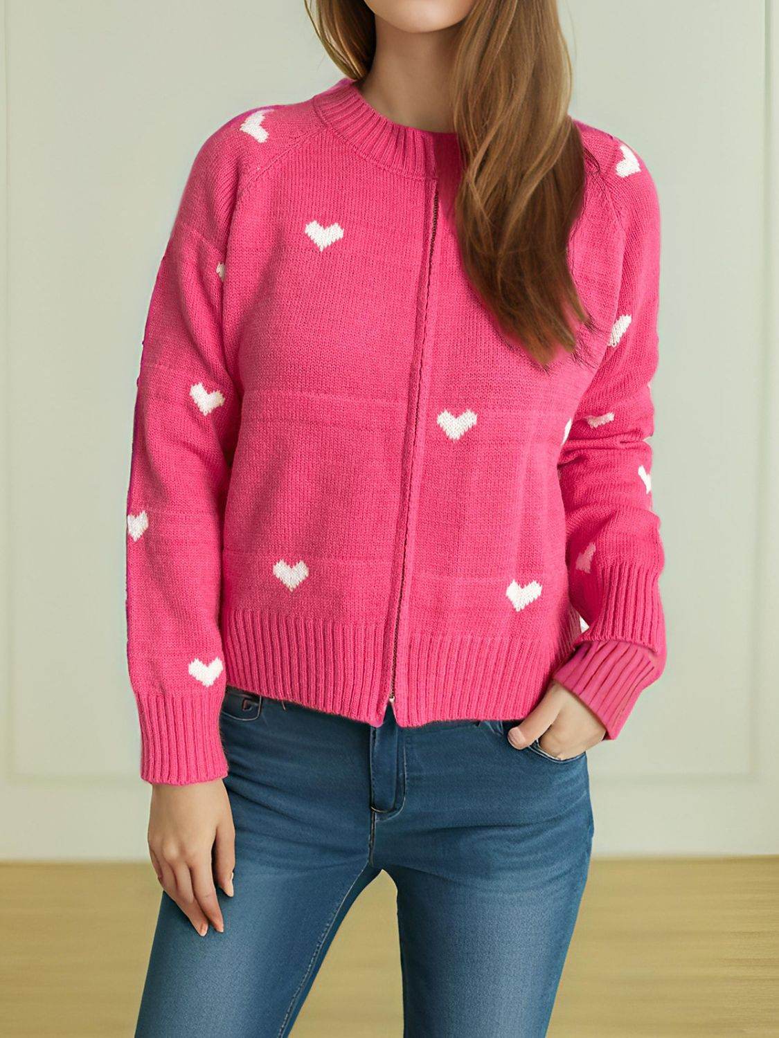 Heart Round Neck Zip Up Cardigan - Delanoir