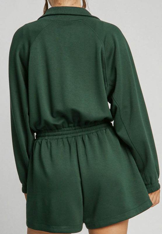 Drawstring Half Zip Long Sleeve Romper - Delanoir