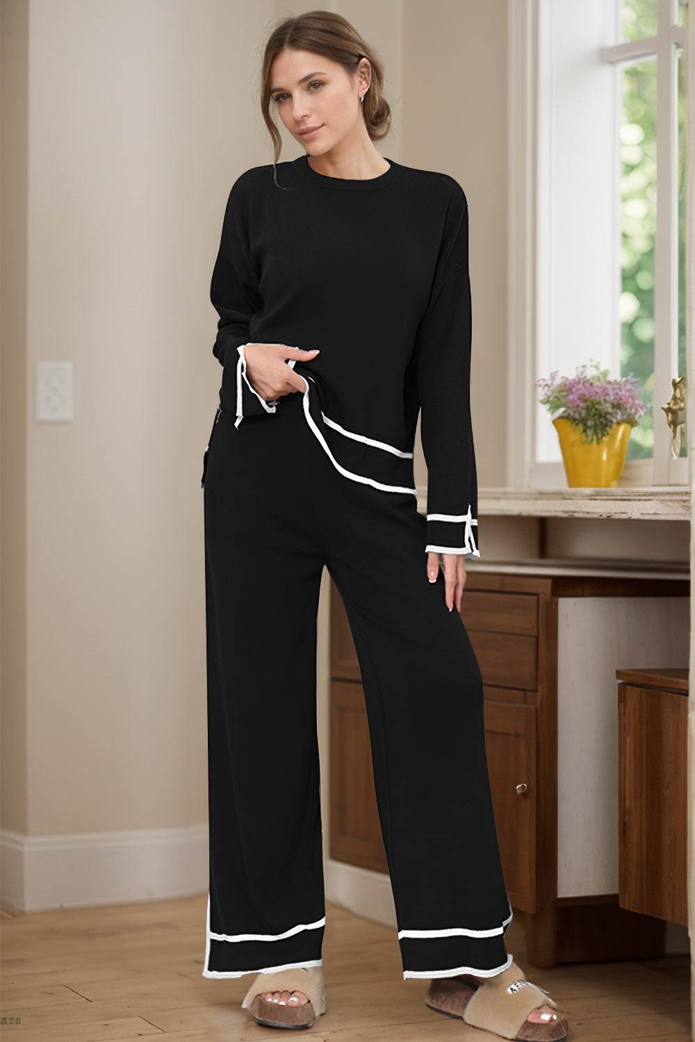 High-Low Round Neck Top and Pants Sweater Set - Delanoir