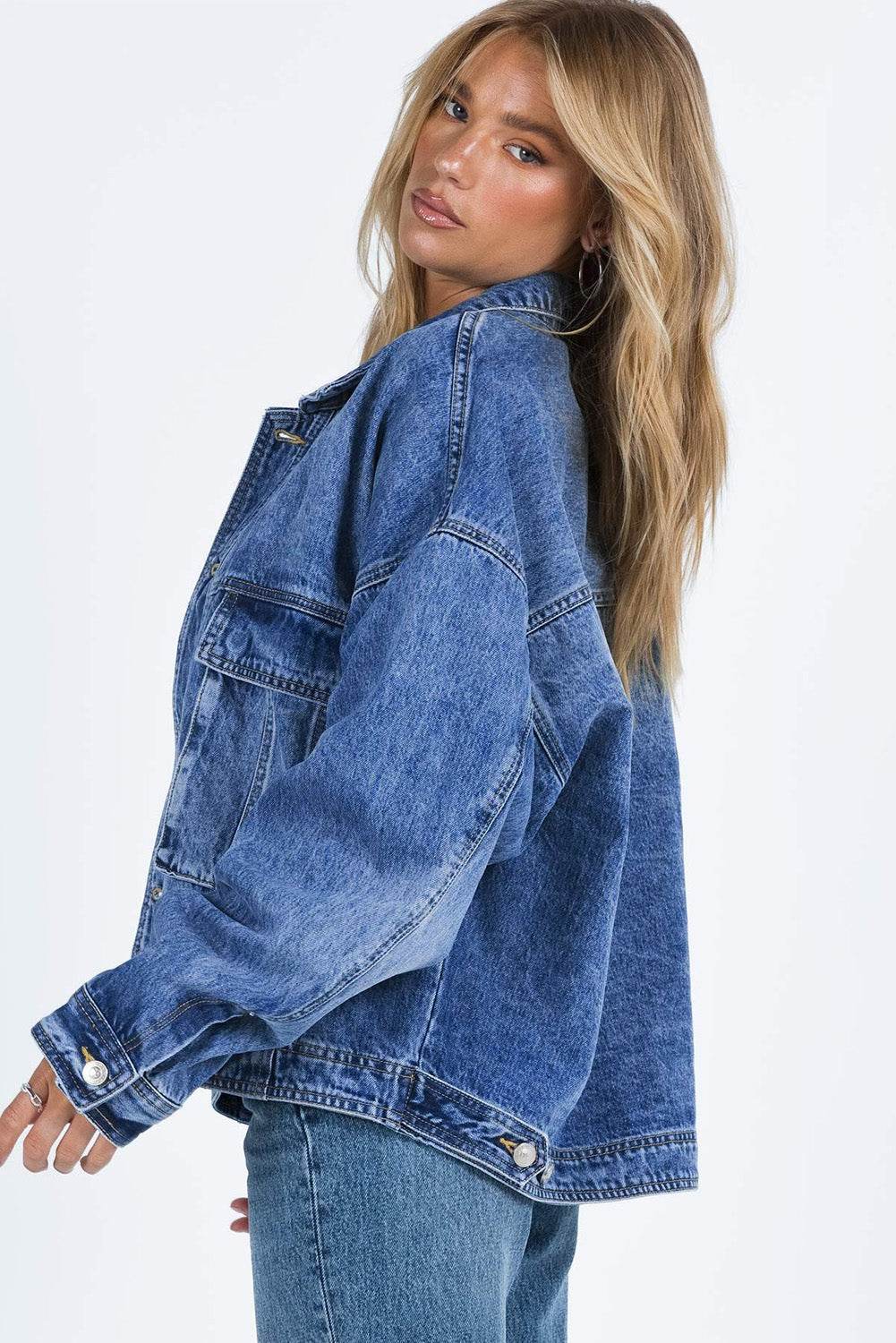 Collared Neck Button Up Denim Jacket - Delanoir