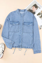 Drawstring Snap Down Denim Jacket with Chest Pockets - Delanoir
