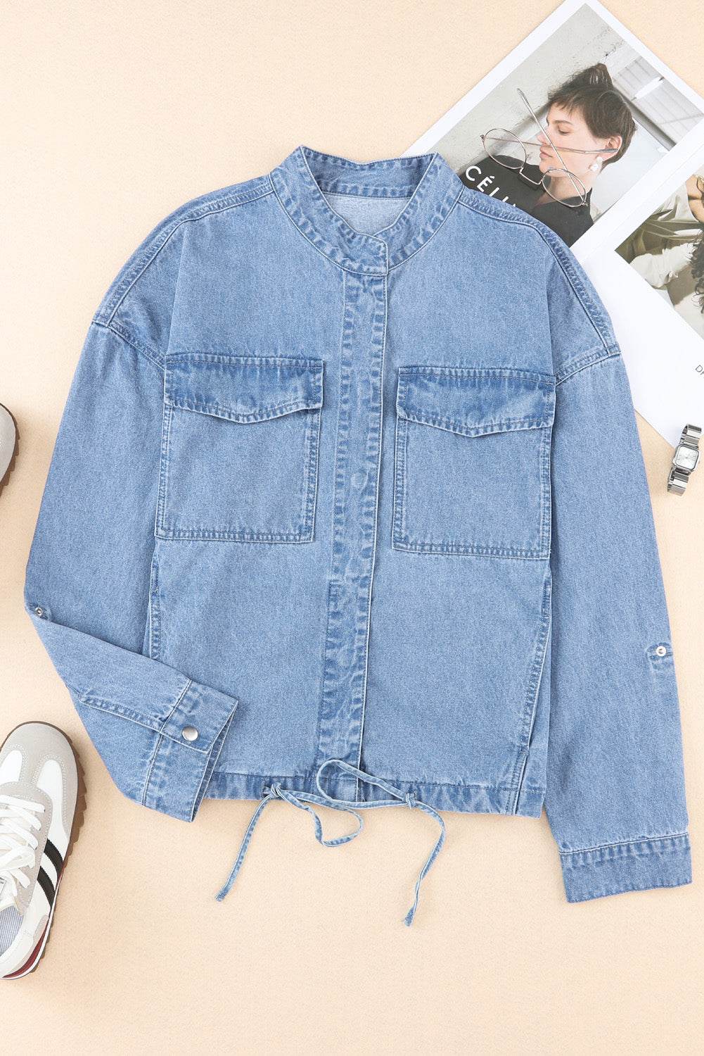 Drawstring Snap Down Denim Jacket with Chest Pockets - Delanoir