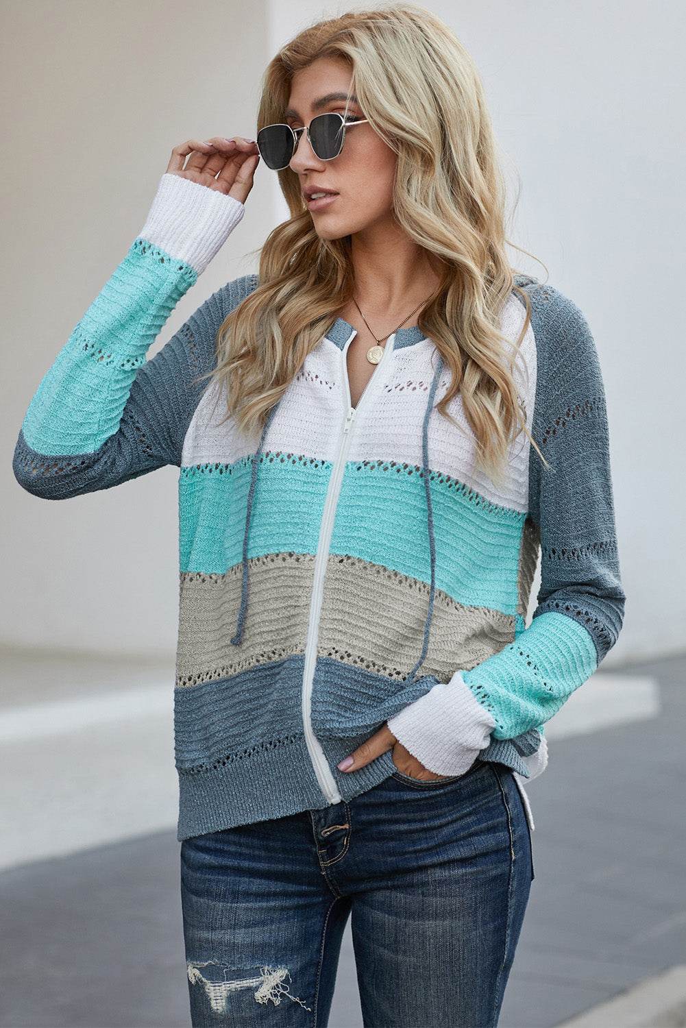 Zip-Up Raglan Sleeve Openwork Hooded Cardigan - Delanoir