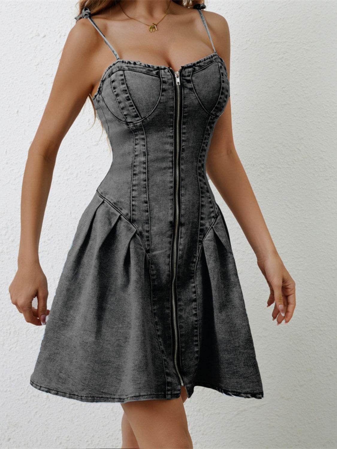 Ruched Zip Up Spaghetti Strap Denim Dress - Delanoir