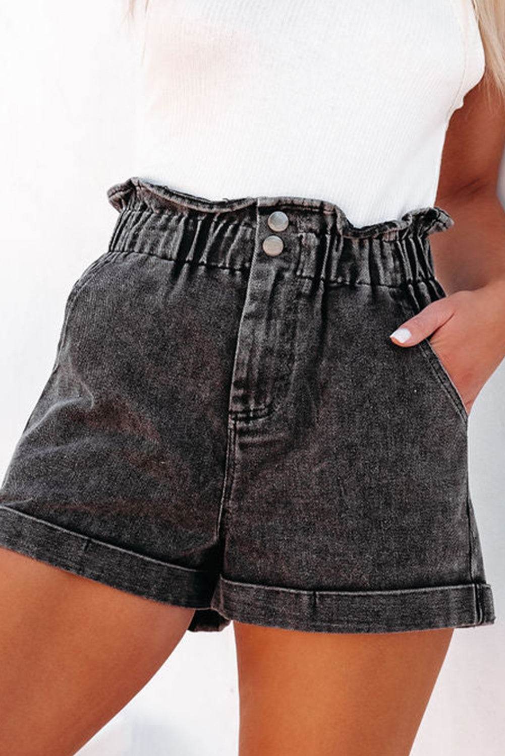 Paperbag Waist Denim Shorts with Pockets - Delanoir