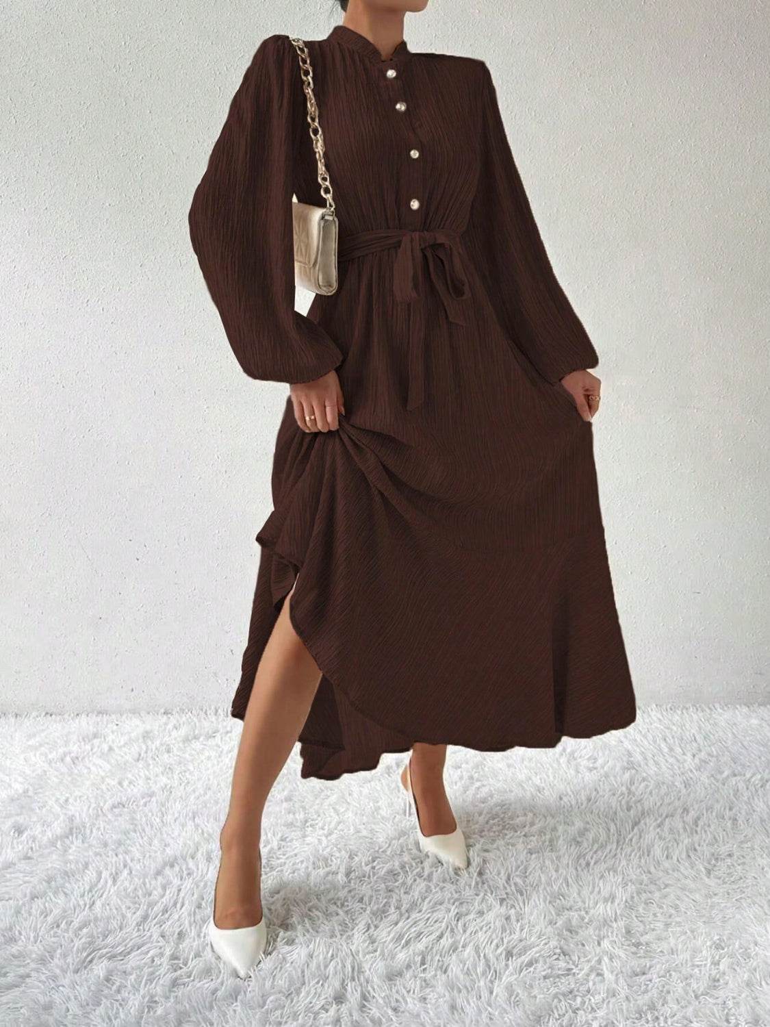 Half Button Tie Waist Long Sleeve Maxi Dress - Delanoir