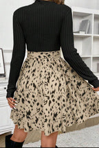 Printed Tie Waist Mock Neck Long Sleeve Dress - Delanoir