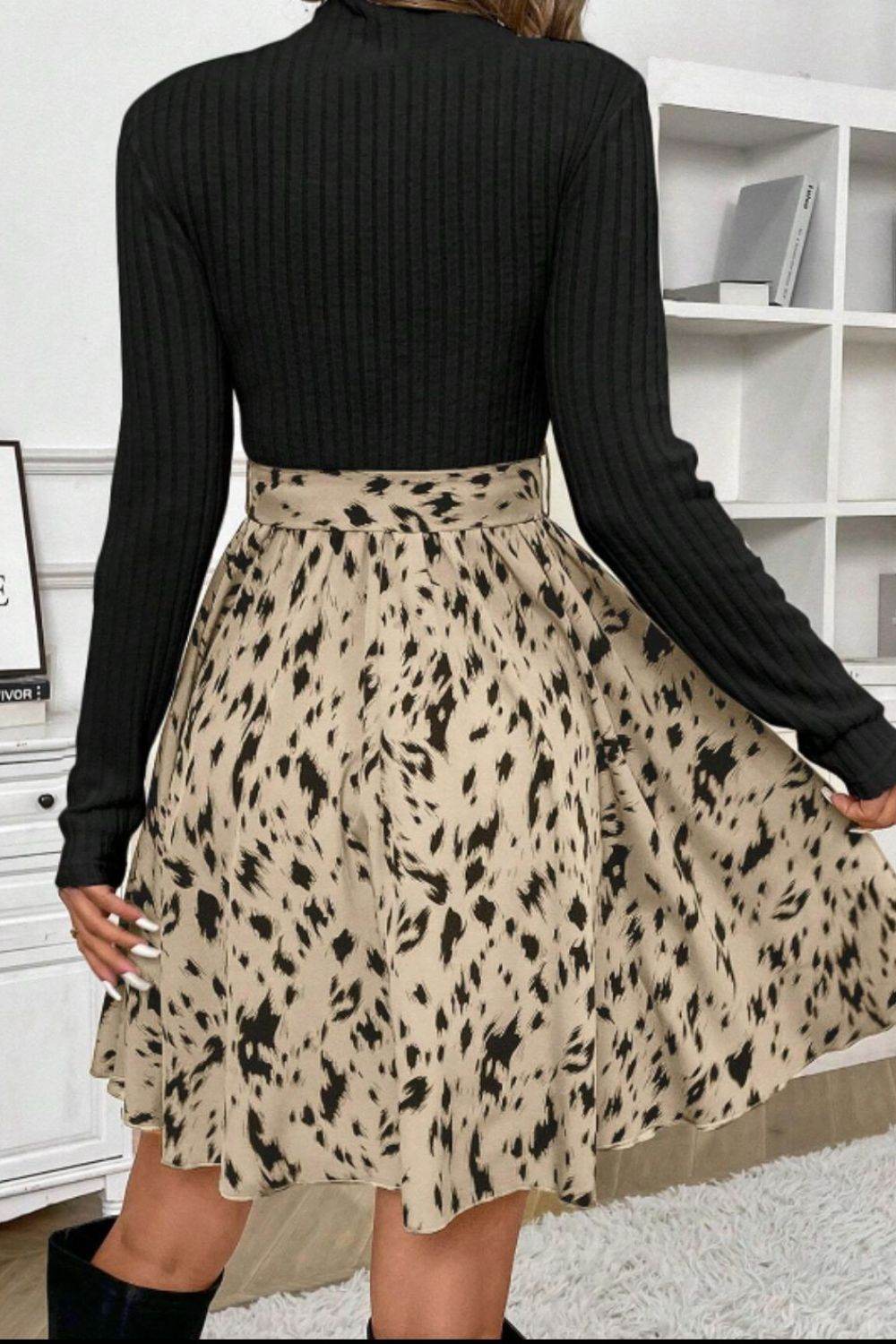 Printed Tie Waist Mock Neck Long Sleeve Dress - Delanoir
