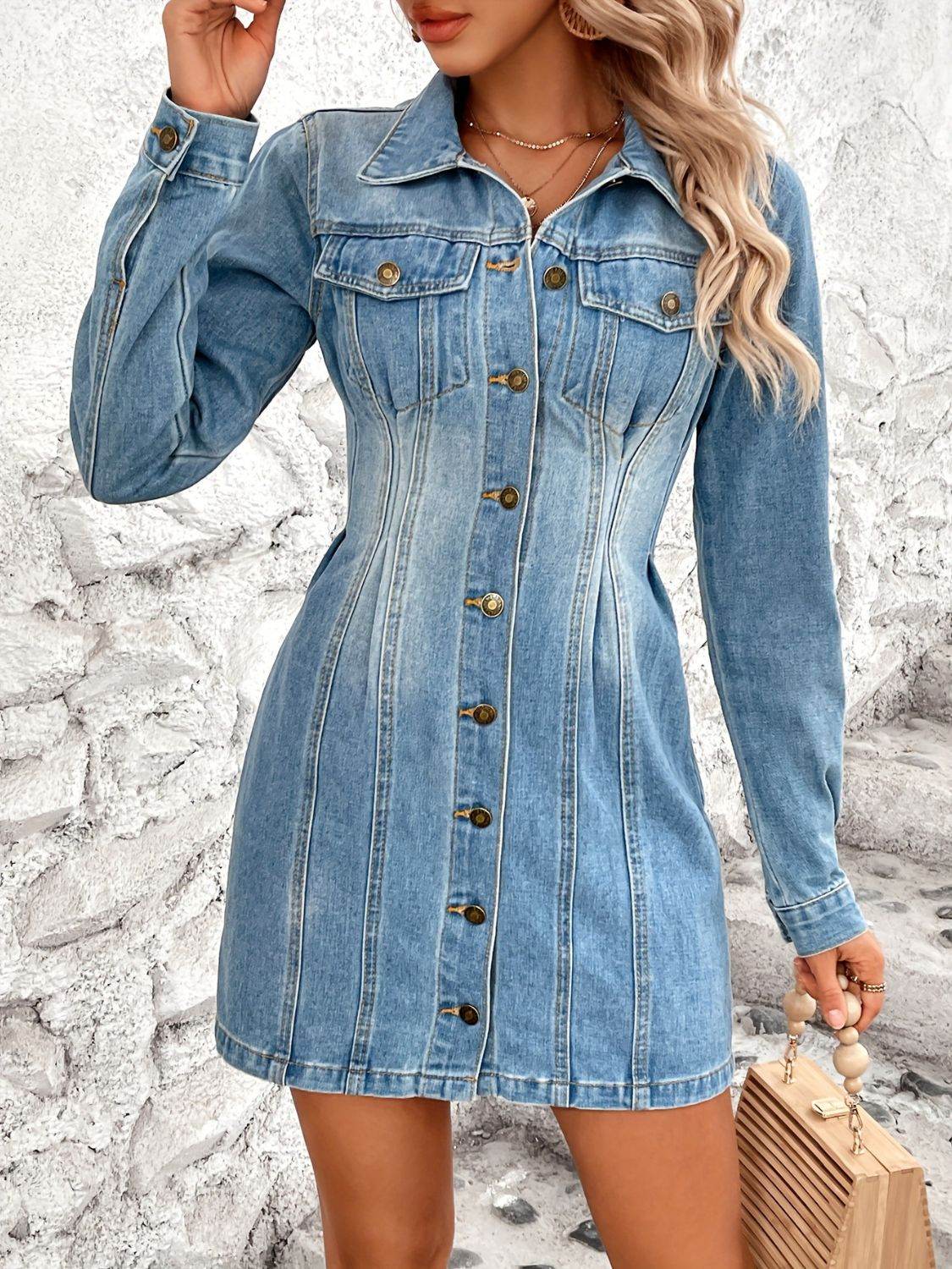 Pocketed Button Up Long Sleeve Denim Dress - Delanoir