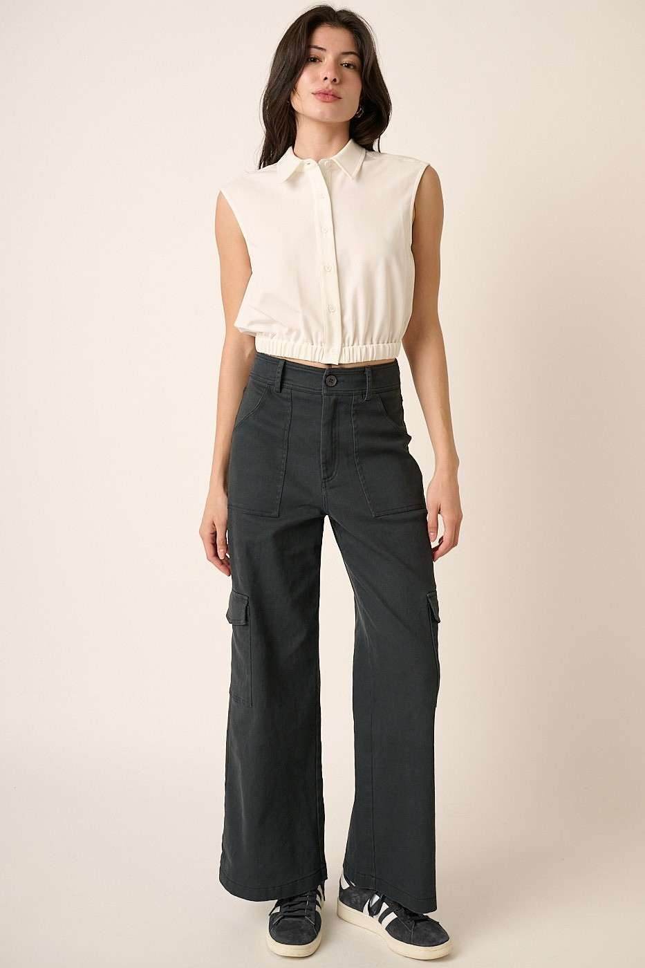 Mittoshop Wide Leg High Waist Pants with Cargo Pockets - Delanoir