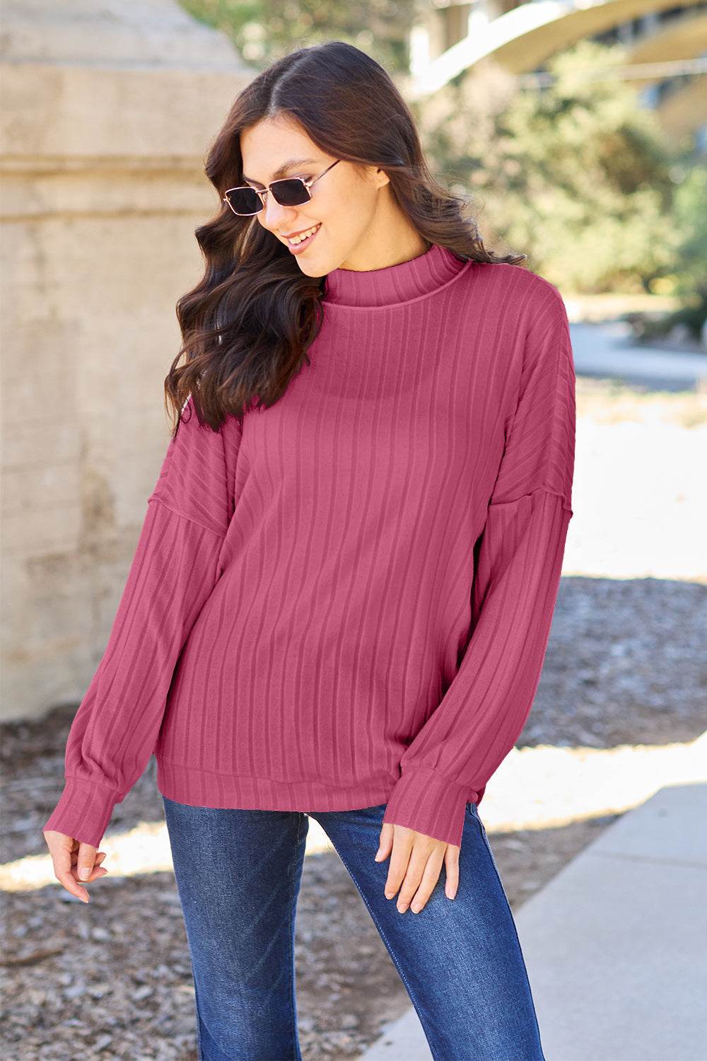 Basic Bae Full Size Ribbed Exposed Seam Mock Neck Knit Top - Delanoir