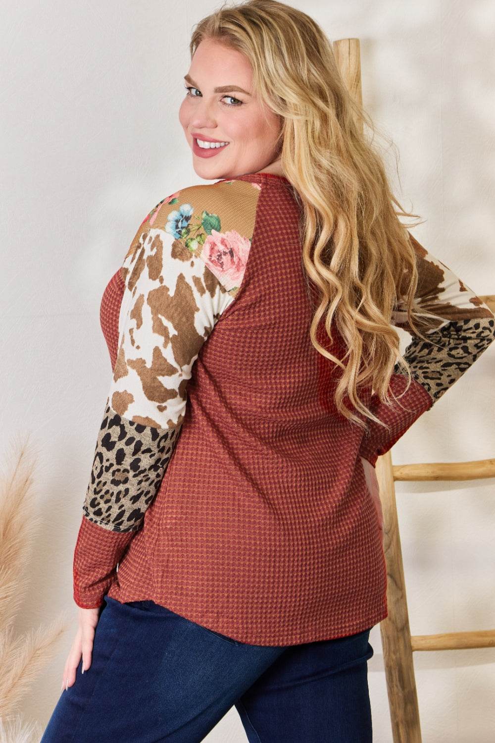 Hailey & Co Full Size Leopard Waffle-Knit Blouse - Delanoir