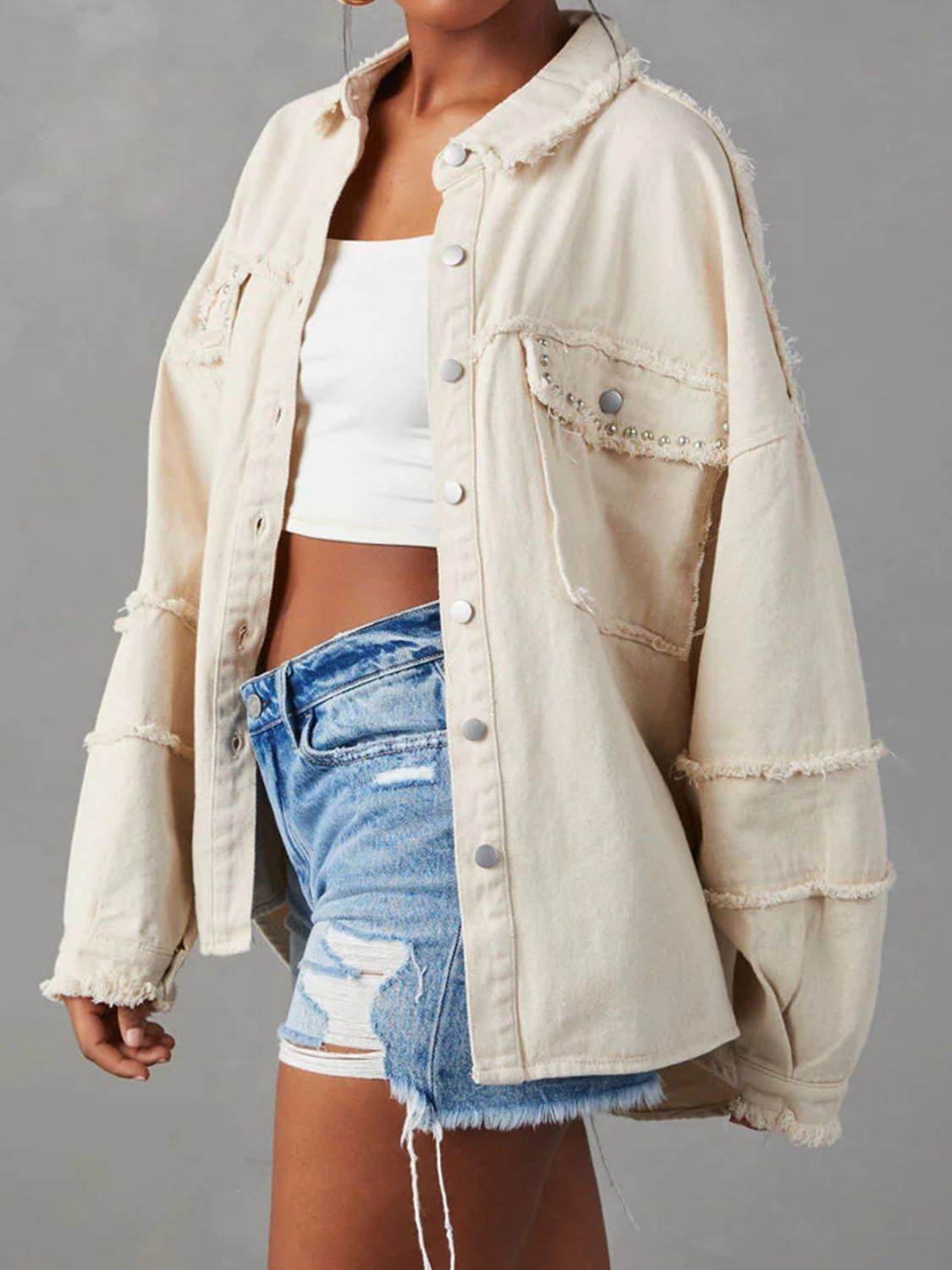 Button Down Raw Hem Denim Jacket - Delanoir