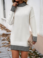Devine Striped Mock Neck Long Sleeve Sweater Dress - Delanoir