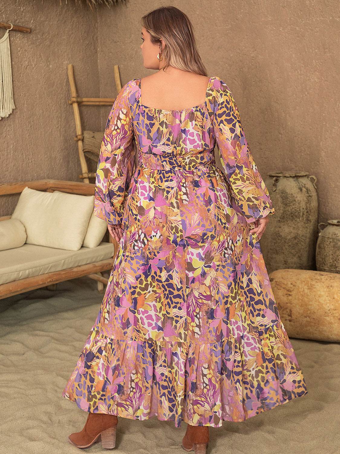 Plus Size Lace Detail Printed V-Neck Long Sleeve Midi Dress - Delanoir