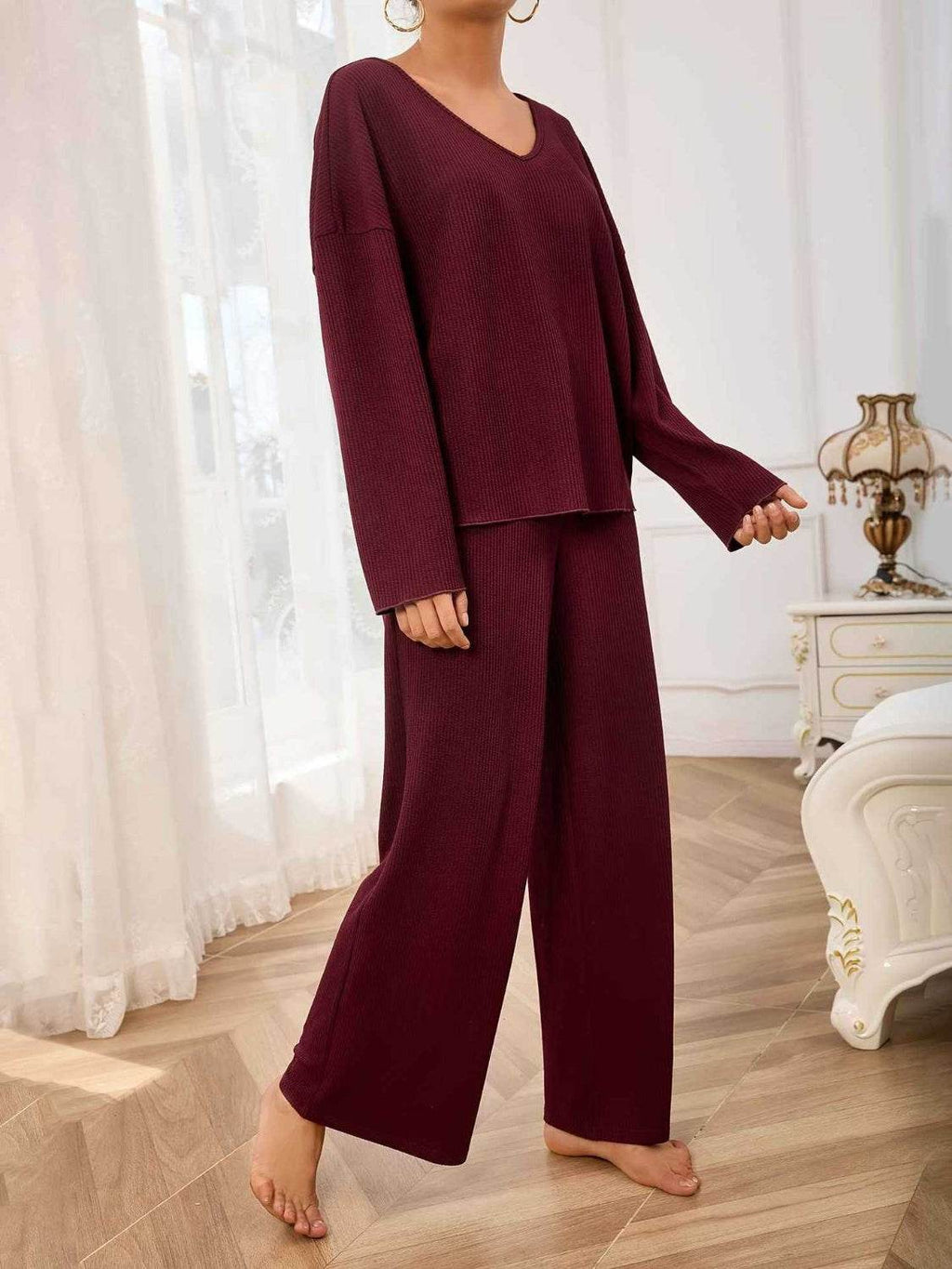V-Neck Long Sleeve Top and Wide Leg Pants Set - Delanoir