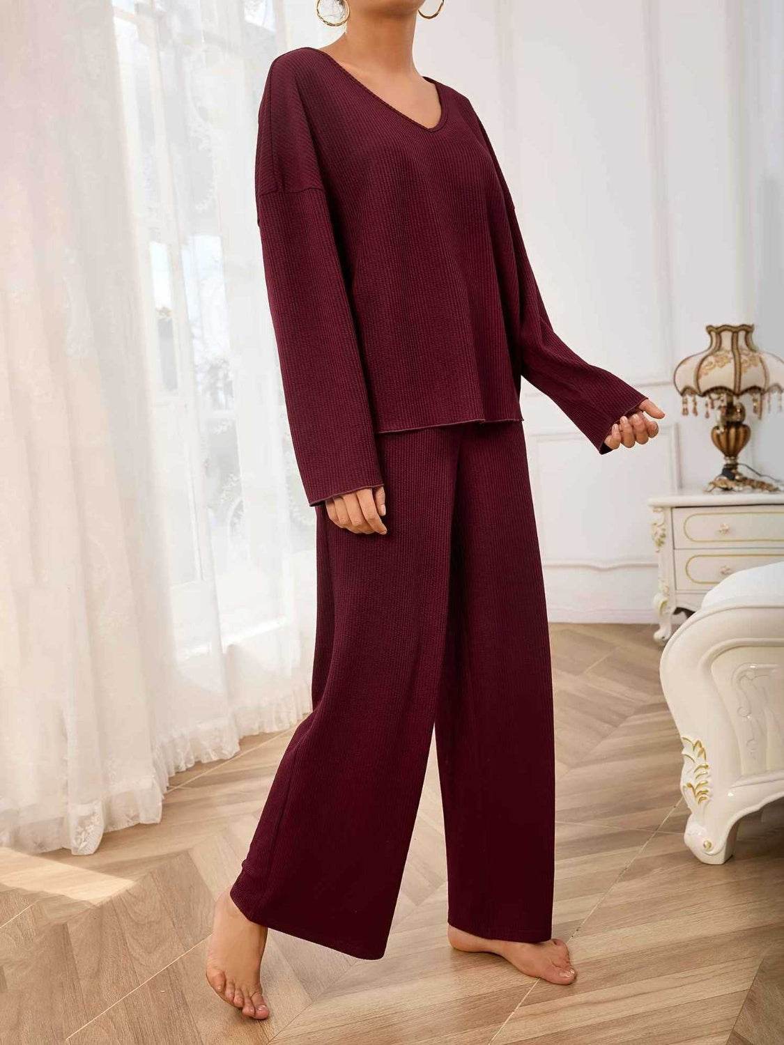 V-Neck Long Sleeve Top and Wide Leg Pants Set - Delanoir
