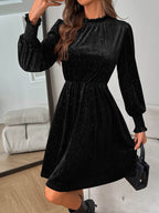 Glitter Mock Neck Long Sleeve Mini Dress - Delanoir