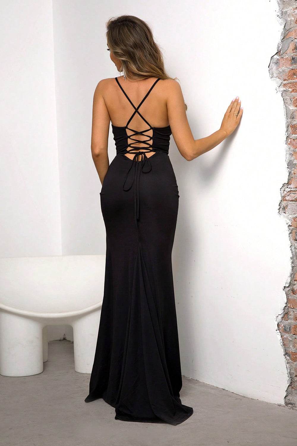 Lace-Up Spaghetti Strap Split Dress - Delanoir