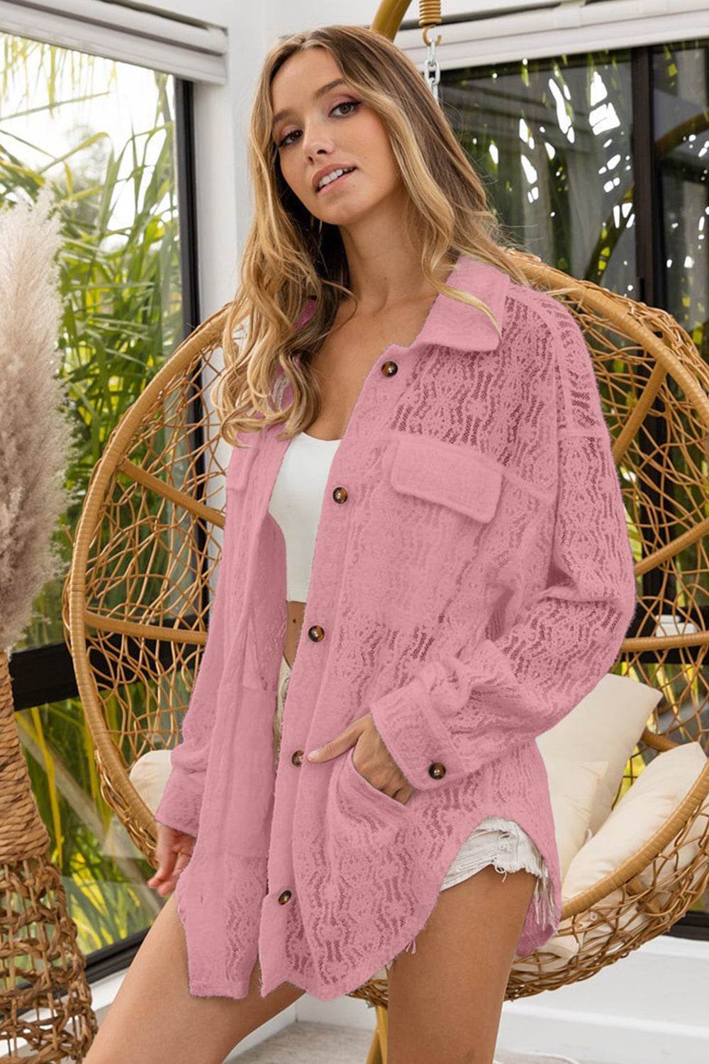 BiBi Oversized Lace Shacket with Front Pockets - Delanoir