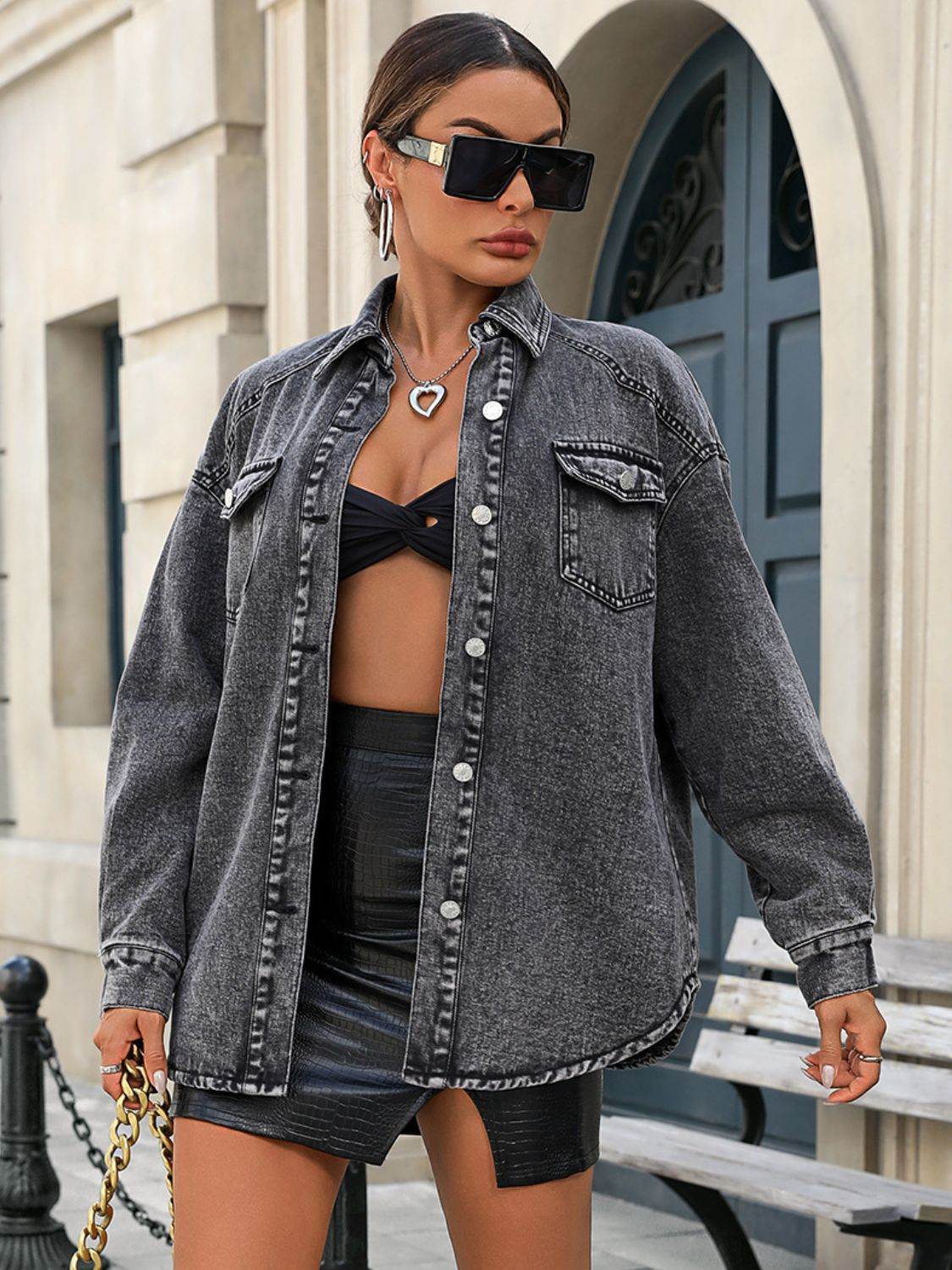 Button Up Long Sleeve Fleece Denim Jacket - Delanoir