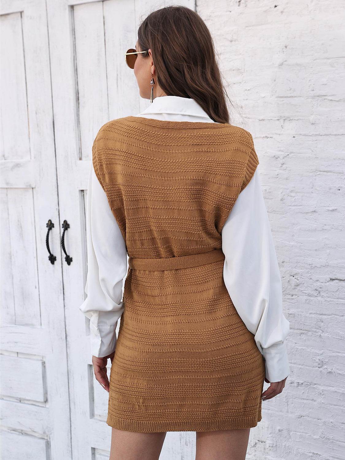 Tie Front V-Neck Sleeveless Slit Sweater Dress - Delanoir