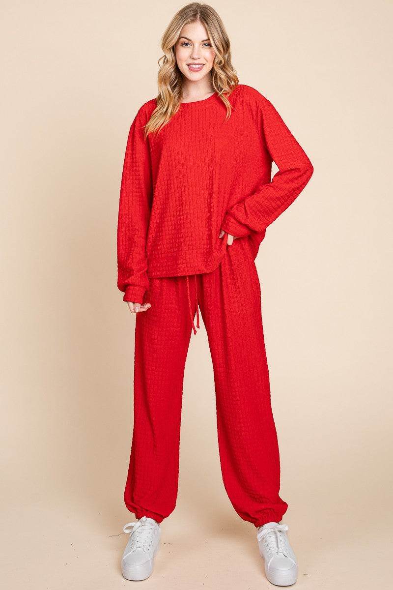 Super Lady Full Size Crinkle Check Round Neck Top and Pants Lounge Set - Delanoir