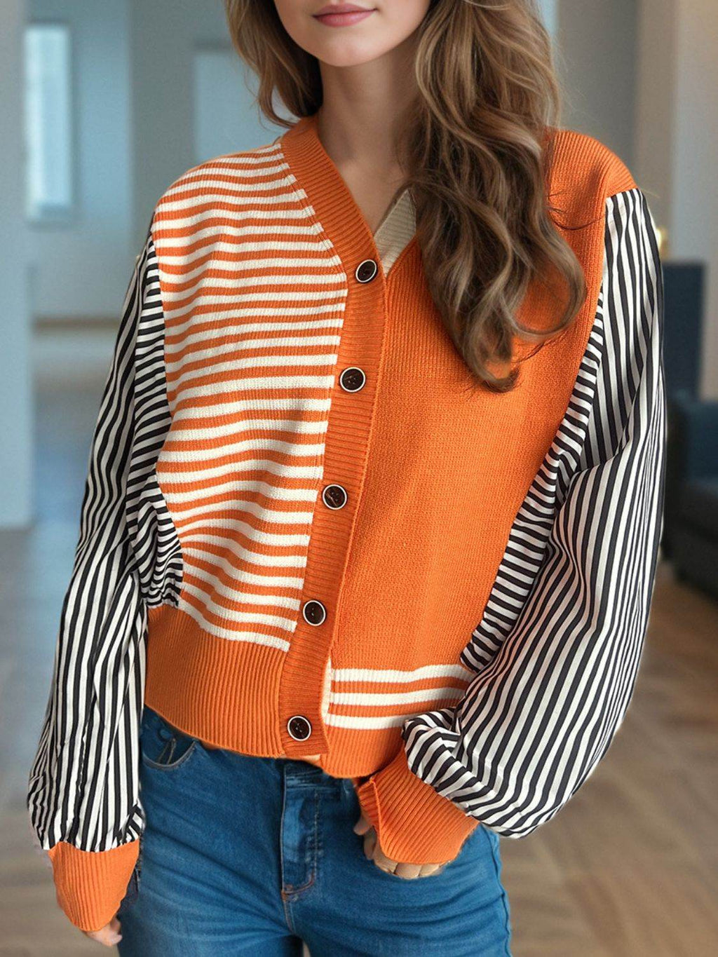 Striped Button Down Long Sleeve Cardigan - Delanoir
