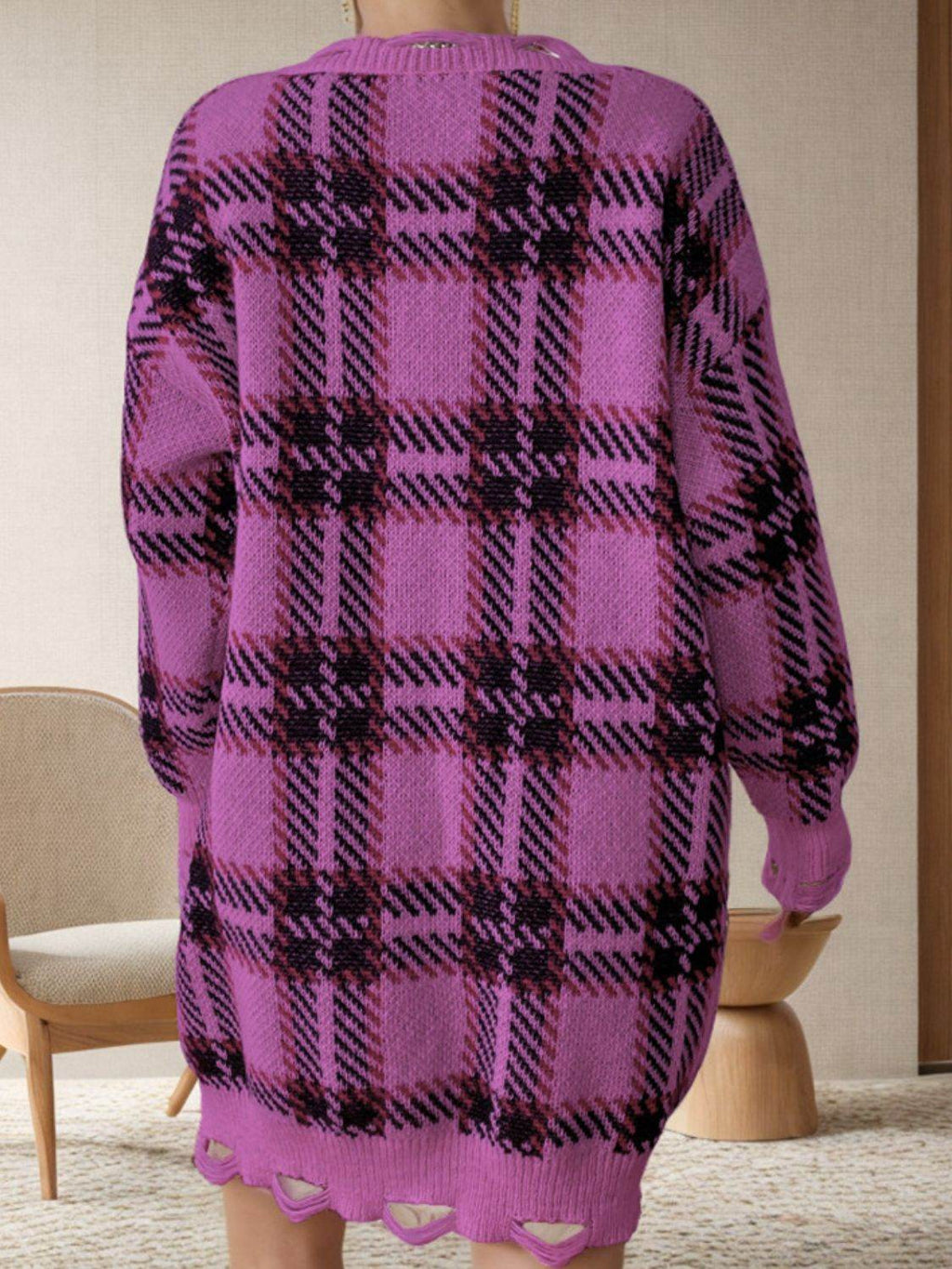 Distressed Plaid V-Neck Long Sleeve Sweater Dress - Delanoir