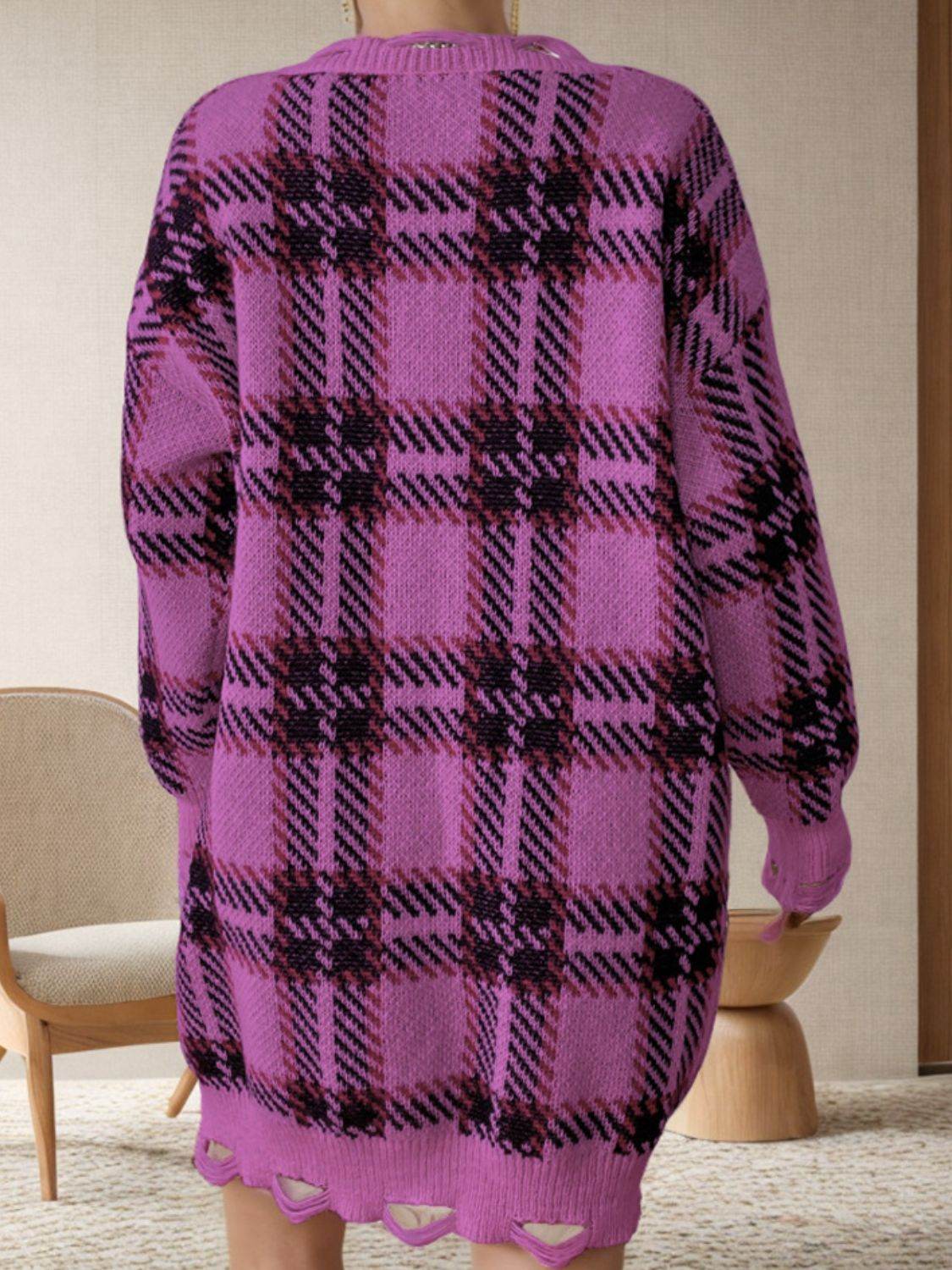 Distressed Plaid V-Neck Long Sleeve Sweater Dress - Delanoir