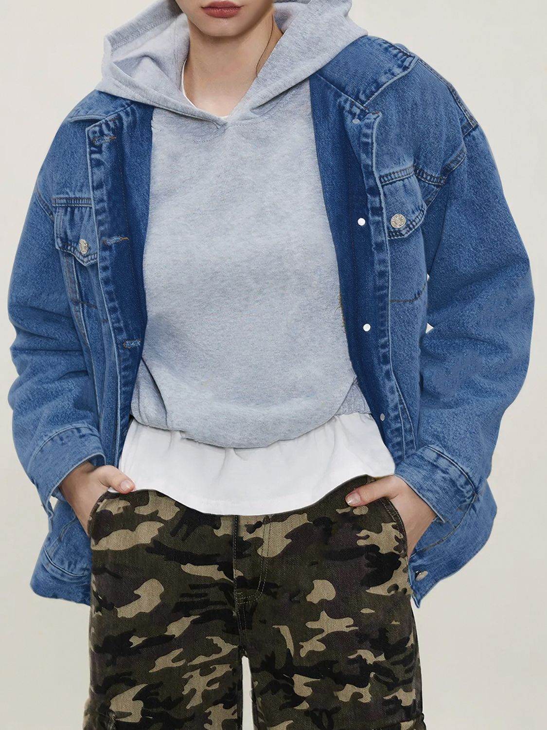 Button Up Collared Neck Long Sleeve Denim Jacket - Delanoir