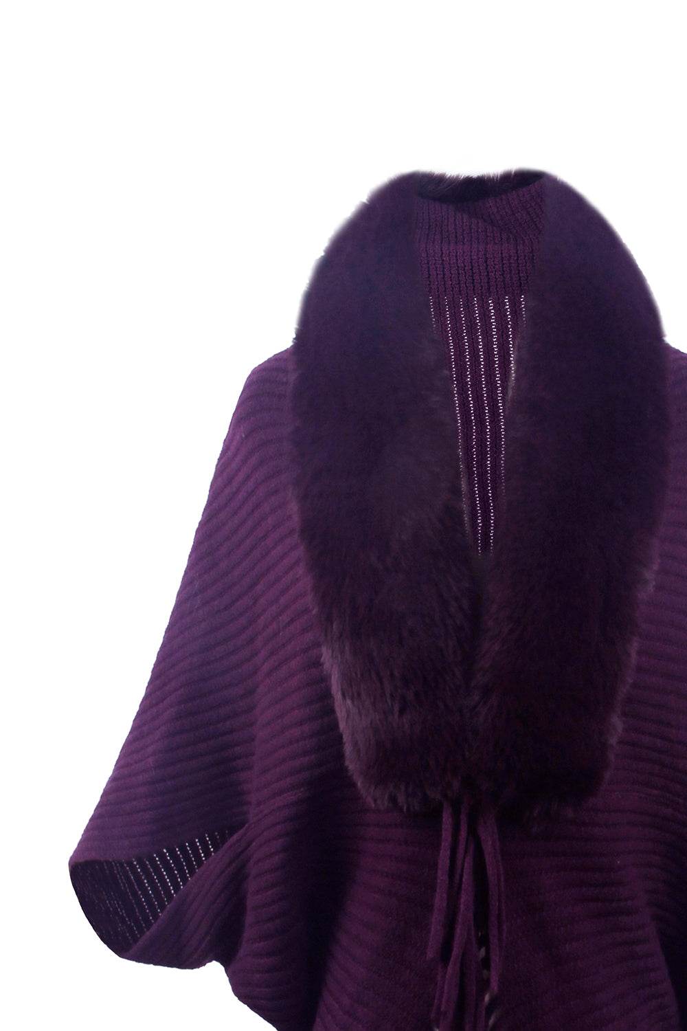 Fringe Detail Long Sleeve Ribbed Poncho - Delanoir