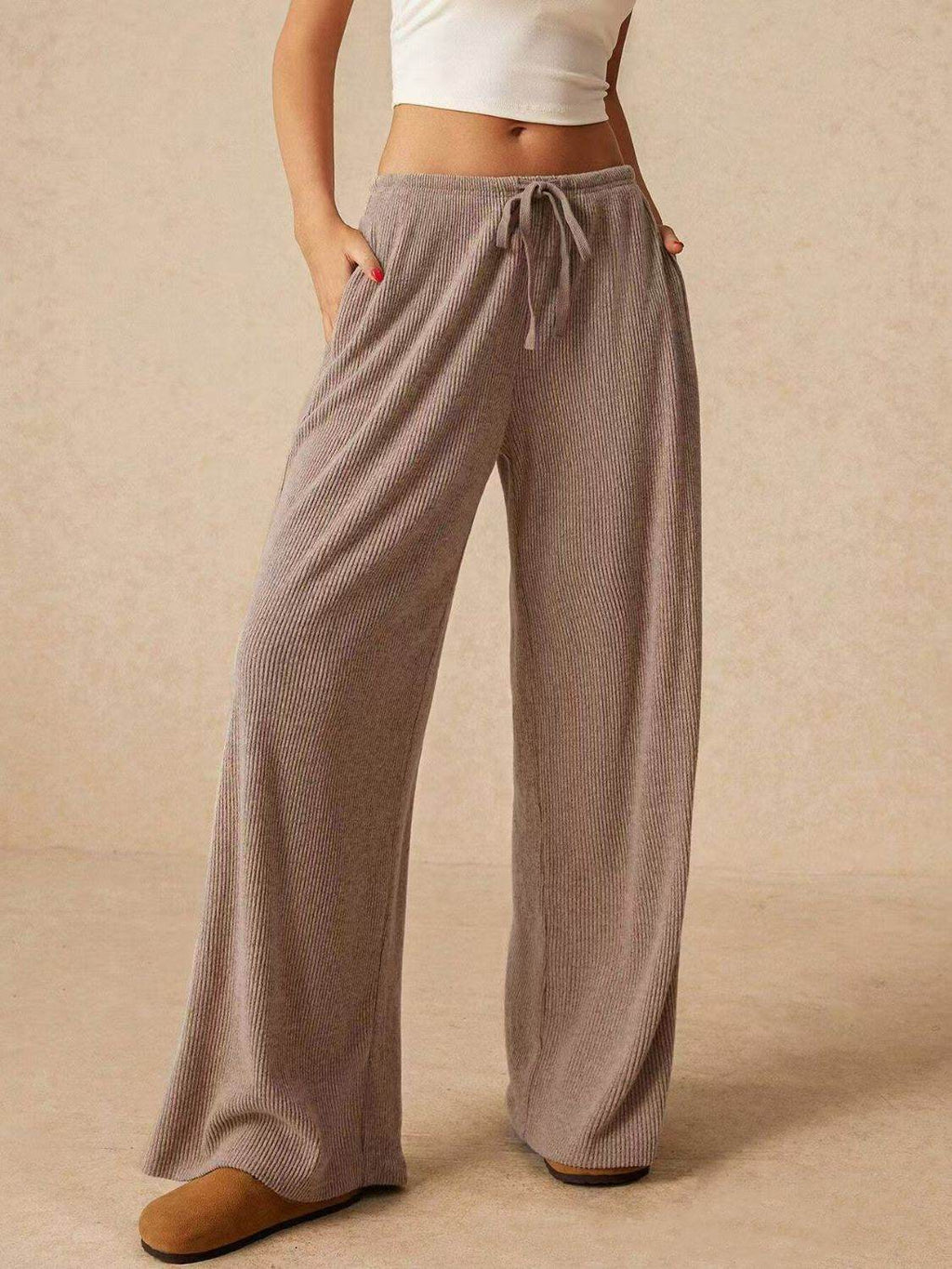 Ribbed Drawstring Wide Leg Pants - Delanoir