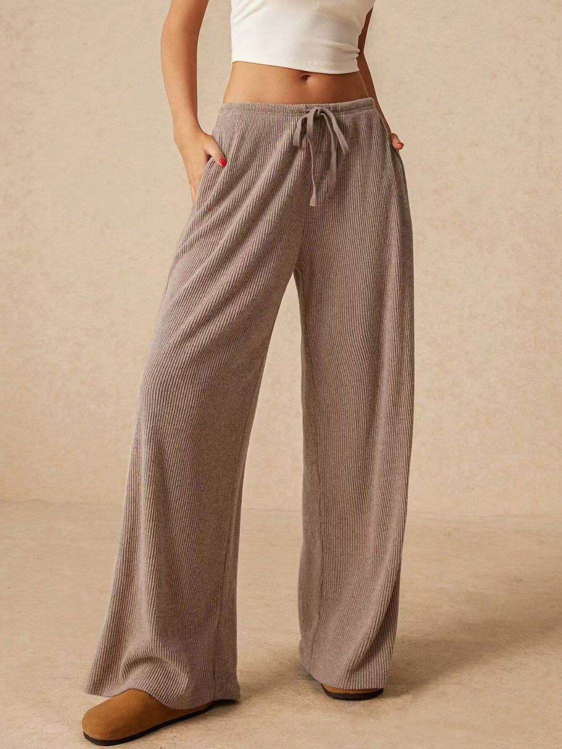 Ribbed Drawstring Wide Leg Pants - Delanoir