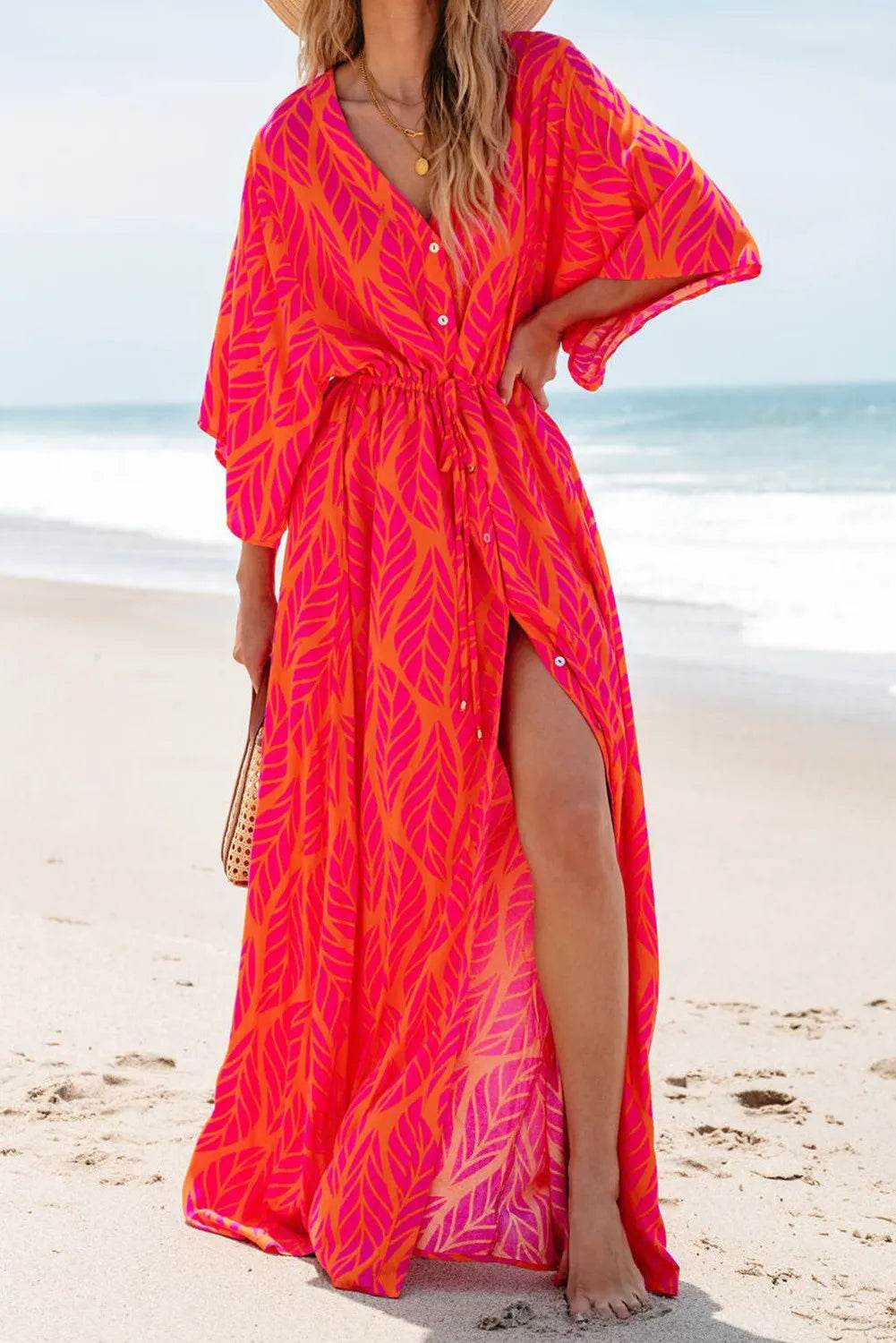 Drawstring Printed V-Neck Maxi Dress - Delanoir