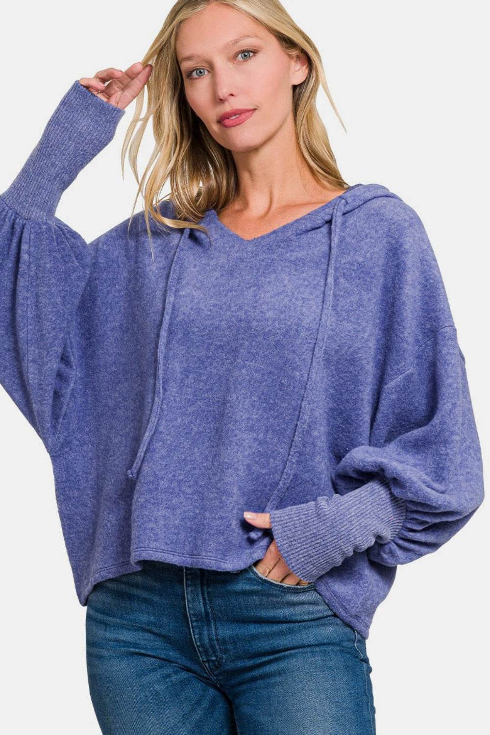 Zenana Brushed Hacci Drop Shoulder Cropped Hoodie - Delanoir
