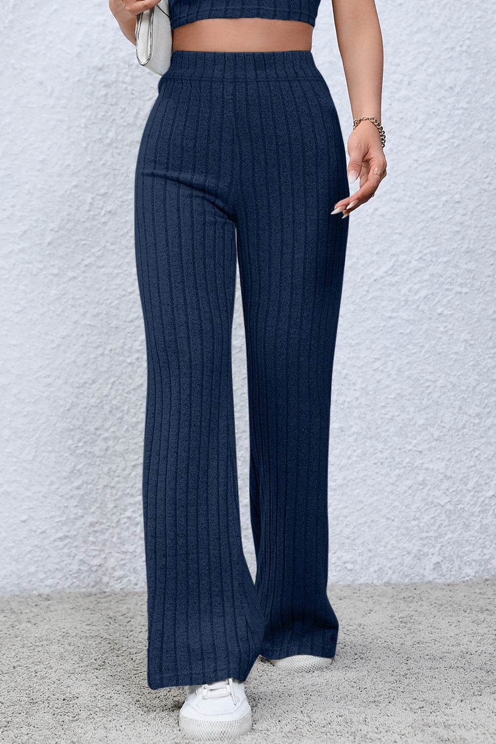 Basic Bae Full Size Ribbed High Waist Flare Pants - Delanoir