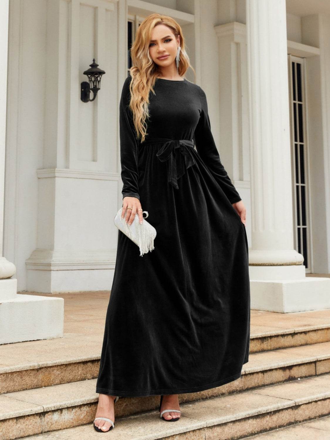 Tie Front Round Neck Long Sleeve Maxi Dress - Delanoir