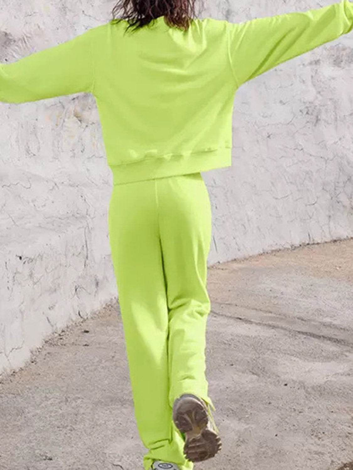 Round Neck Long Sleeve Top and Elastic Waist Pants Set - Delanoir