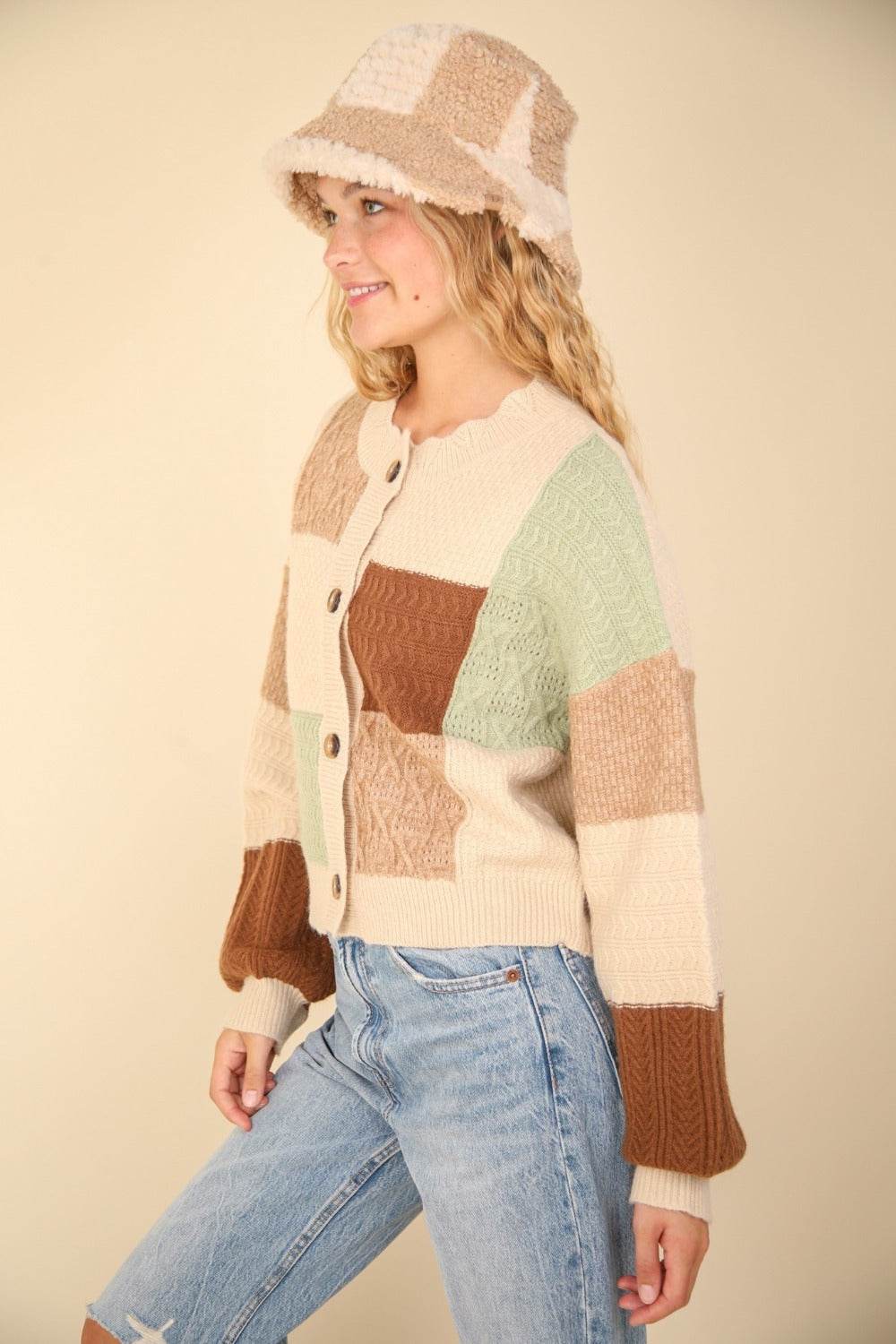 VERY J Color Block Button Down Textured Sweater Cardigan - Delanoir