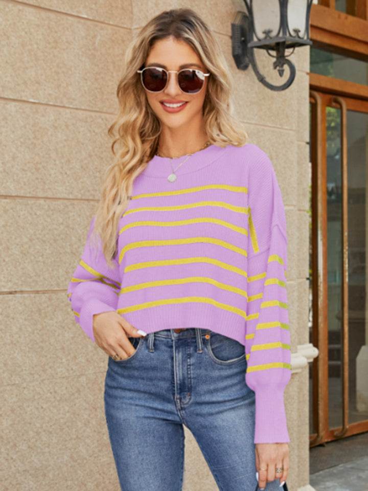Round Neck Striped Lantern Sleeve Sweater - Delanoir