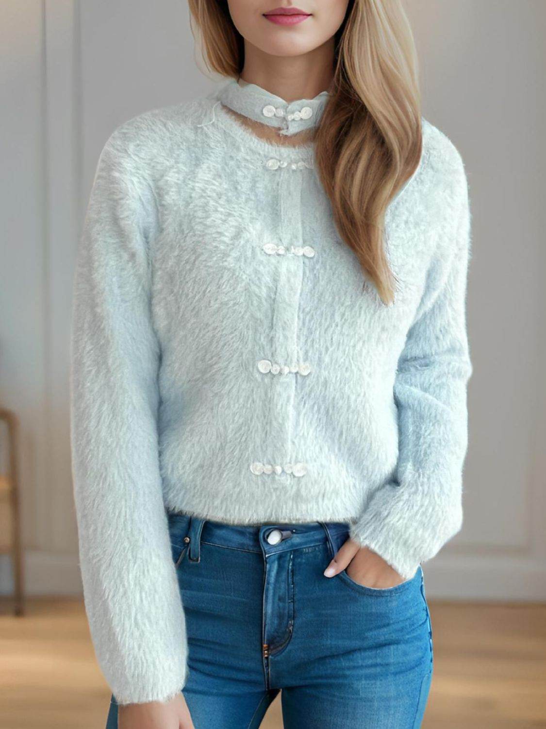 Cutout Knot Button Long Sleeve Cardigan - Delanoir