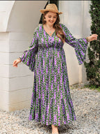 Plus Size Printed V-Neck Long Sleeve Maxi Dress - Delanoir