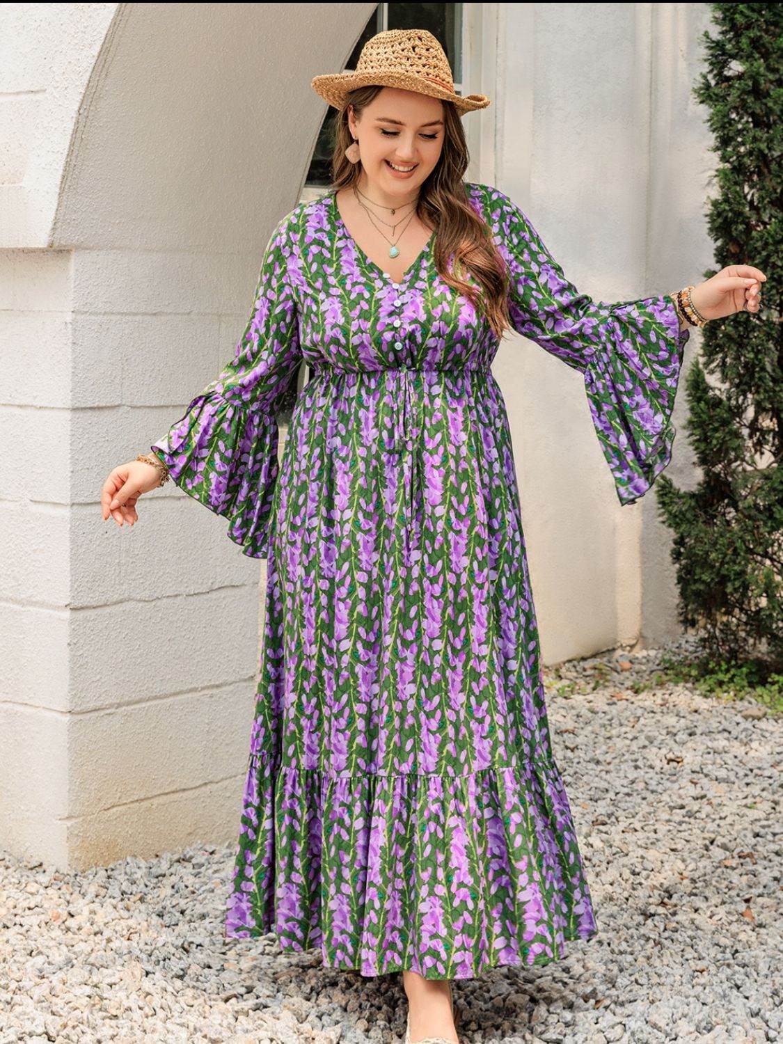 Plus Size Printed V-Neck Long Sleeve Maxi Dress - Delanoir