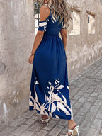 Printed Cold Shoulder Short Sleeve Maxi Dress - Delanoir